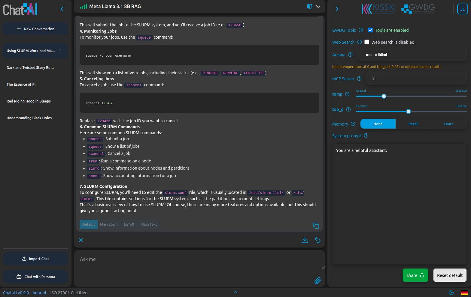 Bildschirmfoto einer Chat-Oberfläche (ChatAI). Die obere Leiste zeigt Modell-Einstellungen und auf der rechten Seite Optionen für Temperatur und top_p. Ein Texteingabefeld mit dem Prompt „Fragen Sie mich“ ist unten sichtbar.