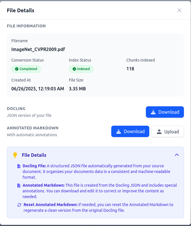 In der RAG-Manager-Oberfläche sind die Dateidetails dargestellt. Docling-Dateiinformationen: JSON-Version mit automatischen Anmerkungen, Download-Optionen verfügbar.