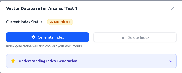 Bildschirmfoto einer Vektor-Datenbank-Oberfläche, die den Indexstatus als „Nicht indiziert“ zeigt mit Optionen zum „Index generieren“ oder „Index löschen“.