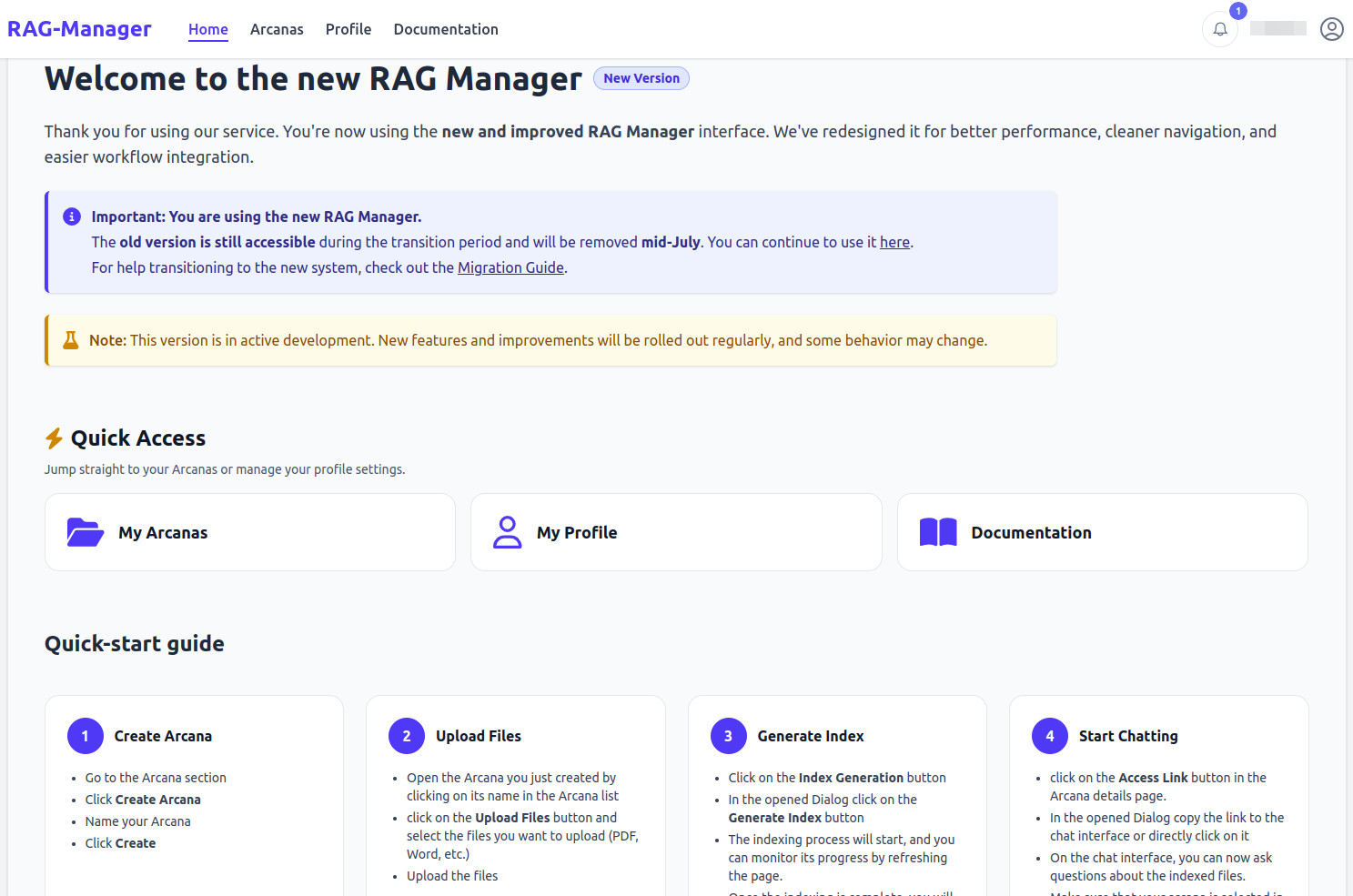 Ankündigung der neuen RAG-Manager-Version mit Schritten zum Erstellen, Hochladen, Generieren des Index und Starten des Chats.